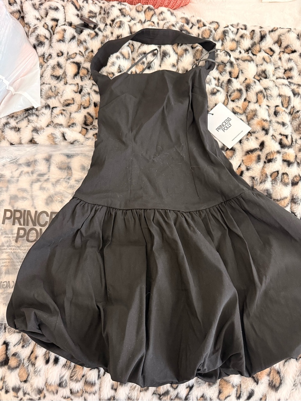 Princess Polly Black Halter Bubble Dress with Leopard Faux Fur Accent